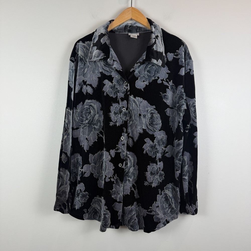 Newport News Velvet Shirt Women L Black Gray Floral Button Front Whimsigoth Dark